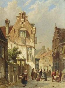 Elegant figures in a sunlit street