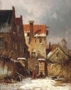Figures conversing in a Dutch town in winter by Adrianus Eversen