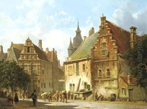 Figures on a sunlit street by Adrianus Eversen