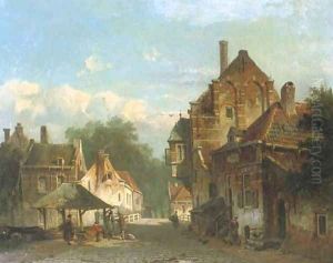 Near a bridge in a Dutch town by Adrianus Eversen