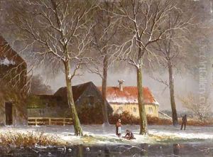 Peasants on a tree-lined snowcovered track, with farms beyond