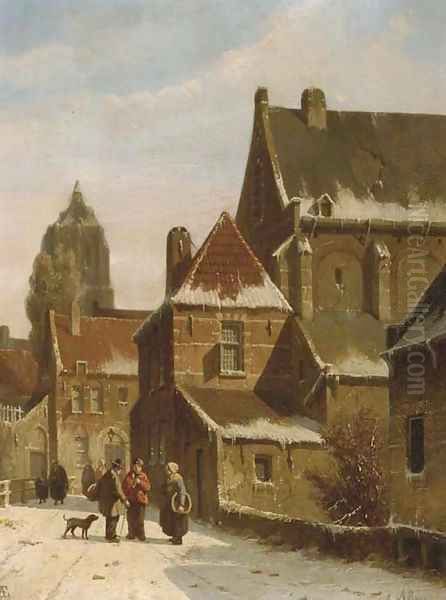 Townspeople conversing in a Dutch town in winter - view 1