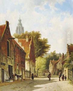 Townspeople in a sunlit street by Adrianus Eversen