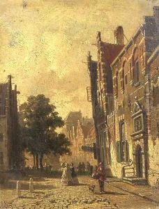 A town scene with elegant people strolling