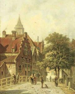 Figures on a bridge in a Dutch town