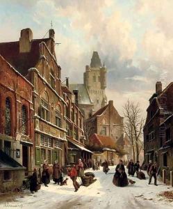 Numerous figures in a Dutch street in winter by Adrianus Eversen