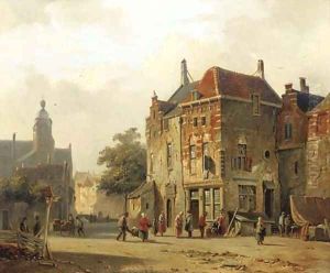 Numerous figures on a sunlit town square