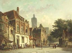 A Dutch town on market day by Adrianus Eversen