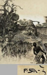 Afrikanische Lowenjagd by Ferdinand Schebek