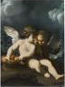 Deux Putti Assis Pres D'une Corbeille De Fruits by Bartolomeo Schedoni