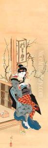 Teahouse waitress reading a love letter by Kikukawa Eizan