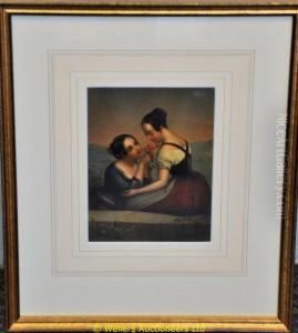 Two Young Ladies Wearing
Traditional Austrian Costume Smelling A Rose Beside A Stone Wall by Ary Scheffer