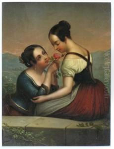 Young Girls In Austrian Costume, A Landscape Beyond by Ary Scheffer
