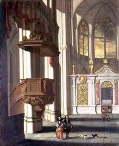 Church interior with elegant figures by Wilhelm Schubert van Ehrenberg