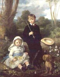 Portrait of a Brother and Sister with their Pet Dog in a Wooded Landscape by Eden Upton Eddis