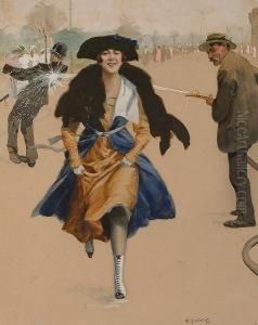 Girl Running With Policeman In The Background.
