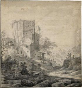 A View Of The Edge Of An Italianate Town, With A Ruined Tower To The Left