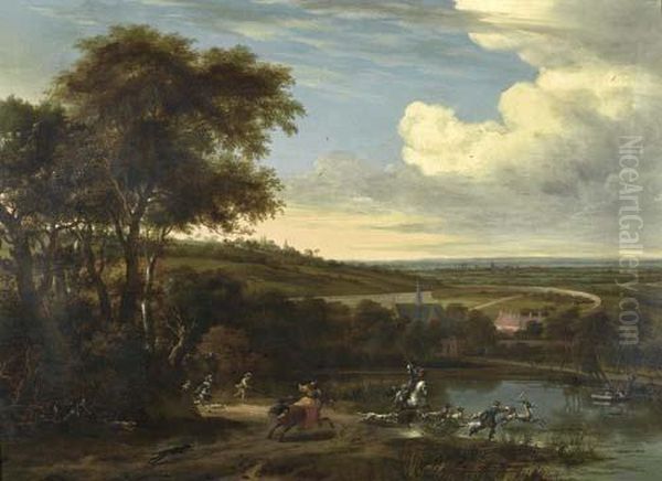 Landscape With Hunting Group Hunting Deer. - view 1