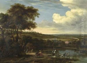 Landscape With Hunting Group Hunting Deer.