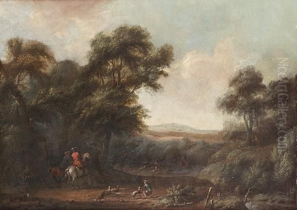 A Wooded Landscape With A Stag Hunt - view 1