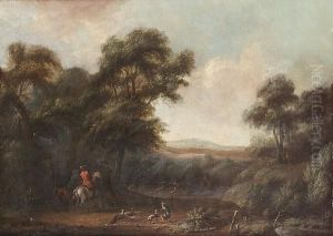 A Wooded Landscape With A Stag Hunt