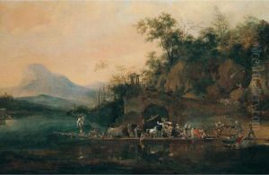 A Landscape With Figures And Animals Crossing A River In A Ferry A Landscape With Figures And Animals Crossing A River In A Ferry