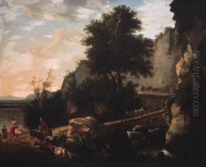 Cowherds And Cattle On A Footbridge In An Italianatelandscape