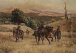 Running Horses Oil On Canvassigned 'j.h. Scheltema' Lower Right 40 X 55.5 Cm