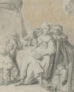A Family Interior Scene (recto); A Woman, Half-length (verso) by Johann Eleazar Schenau
