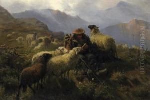 Shepherds And His Sheep In The
Scottish Highlands. Signed And Dated Bottom Right: Schenck 64 by August Friedrich Schenck