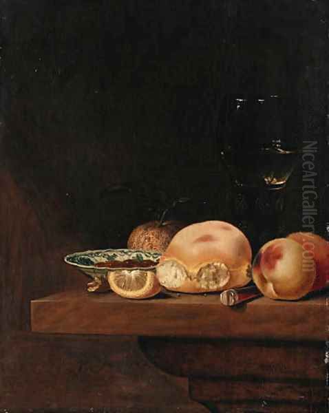A Bread Roll, Peaches, an Orange, a Lemon Segment, a porcelain Dish with Nuts, a Knife and a Roemer on a Shelf - view 1
