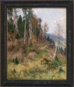 Ricke Und Kitz Am Herbstlichen Waldrand An Einer Birke by Jacques Matthias Schenker