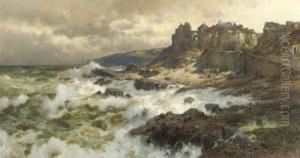 Medieval Village Overlooking Coastal Cliffs And Crashing Surf by Jacques Matthias Schenker