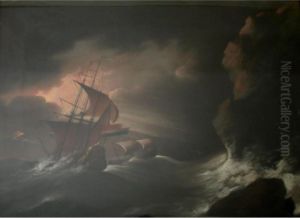 Vessels In Stormy Seas Off A Rocky Coast by John Christian Schetky
