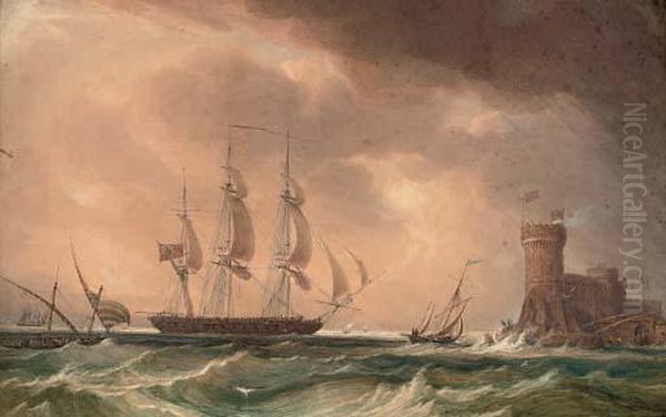 An English Frigate Arriving Off A Fortified Mediterranean Port - view 1