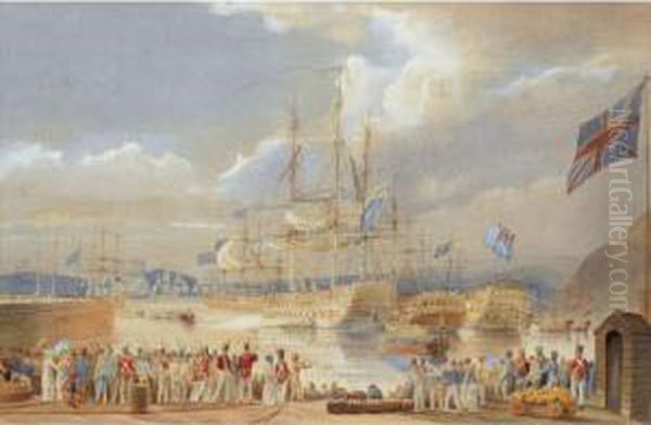 The British Fleet At Anchor, 
Making Ready To Set Sail, Figures Gathered On The Quay In The 
Foreground, Traditionally Identified As Portsmouth Harbour - view 1