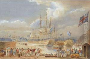 The British Fleet At Anchor,
Making Ready To Set Sail, Figures Gathered On The Quay In The
Foreground, Traditionally Identified As Portsmouth Harbour by John Christian Schetky