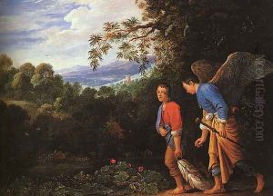 Tobias and the Archangel Raphael Returning with the Fish 1600s by Follwer of Elsheimer Adam