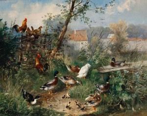 Ducks And Chickens In A Farmyard by Julius Scheurer