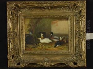 "entenhof Mit Kuken Und Taube" Sig. by Julius Scheurer