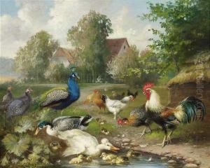Poultry On A Grassland At A Farmstead by Julius Scheurer