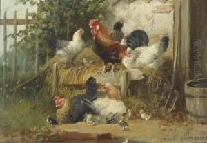 Poultry In A Farmyard by Julius Scheurer