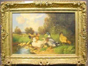 Ducks And Hens In A Landscape by Julius Scheurer