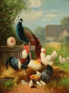 Hen And Peacock by Otto Scheuerer