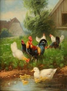 Hen And Ducks by Otto Scheuerer