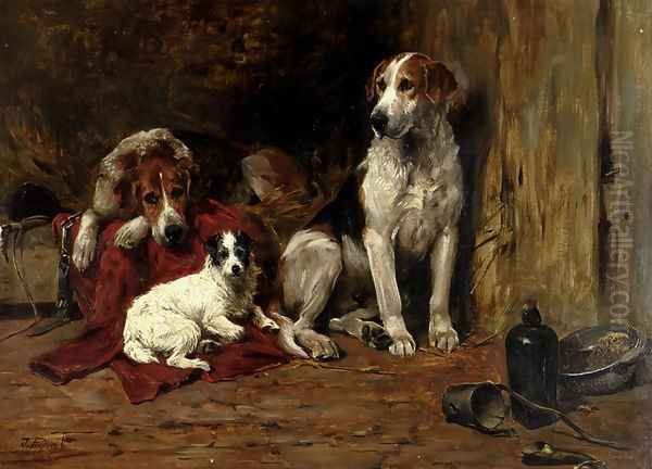 Hounds And A Jack Russell In A Stable - view 1