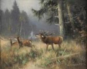 Waldlichtung Mit Hirschrudel.
