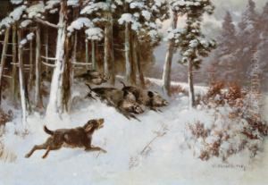 Ein Hund Eine Rotte Sauen Im Winterwald Verbellend