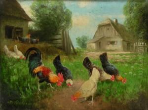 Hahn Mit Huhnern Im Bauernhof by Otto Scheuerer