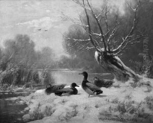 "enten Im Schnee". Sign. Und Bez. Munchen. Ol Auf Lwd. 32 X 40 Cm. Rahmen